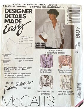 McCall’s Palmer Pletsch Sewing Pattern 4618 Size 14 Blouse Designs Vintage 1989